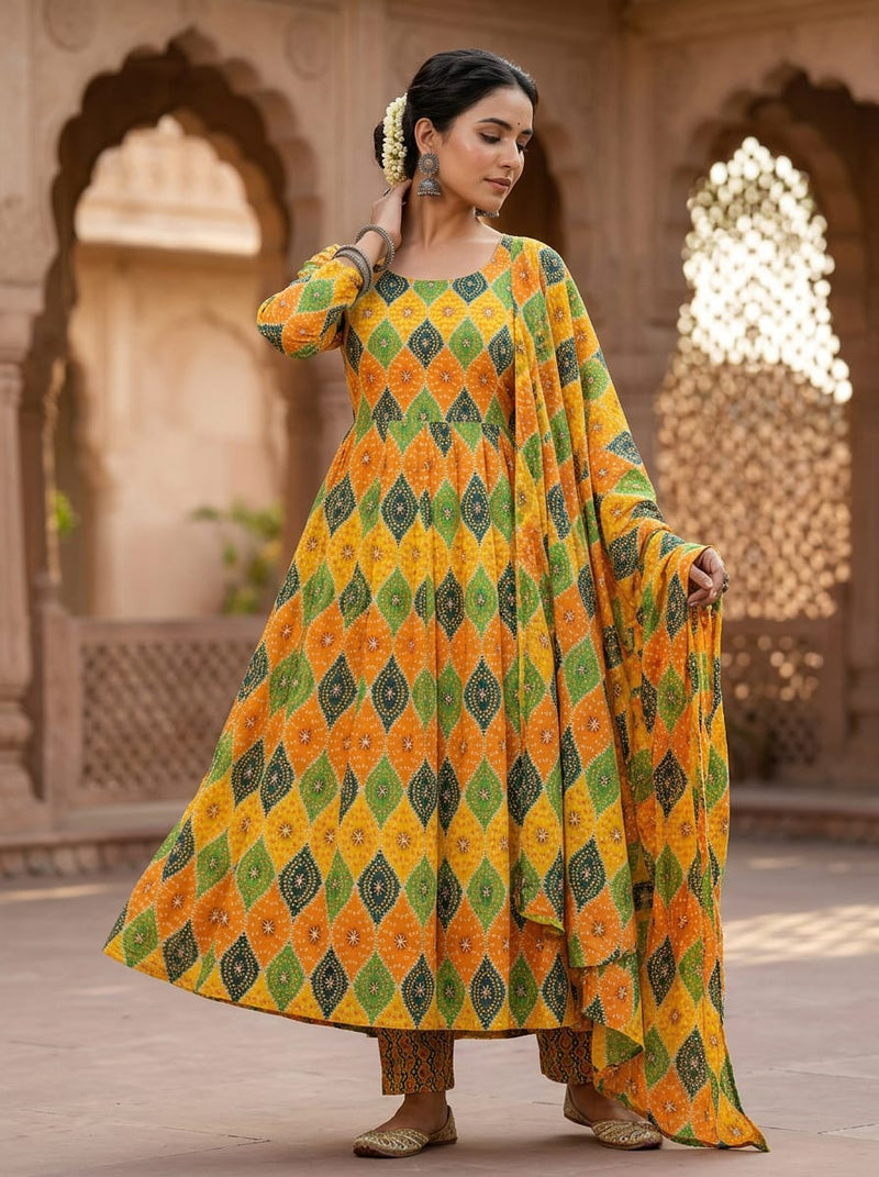 Multicolor Geometric Bandhani Print Weightless Digital Printed Fabric