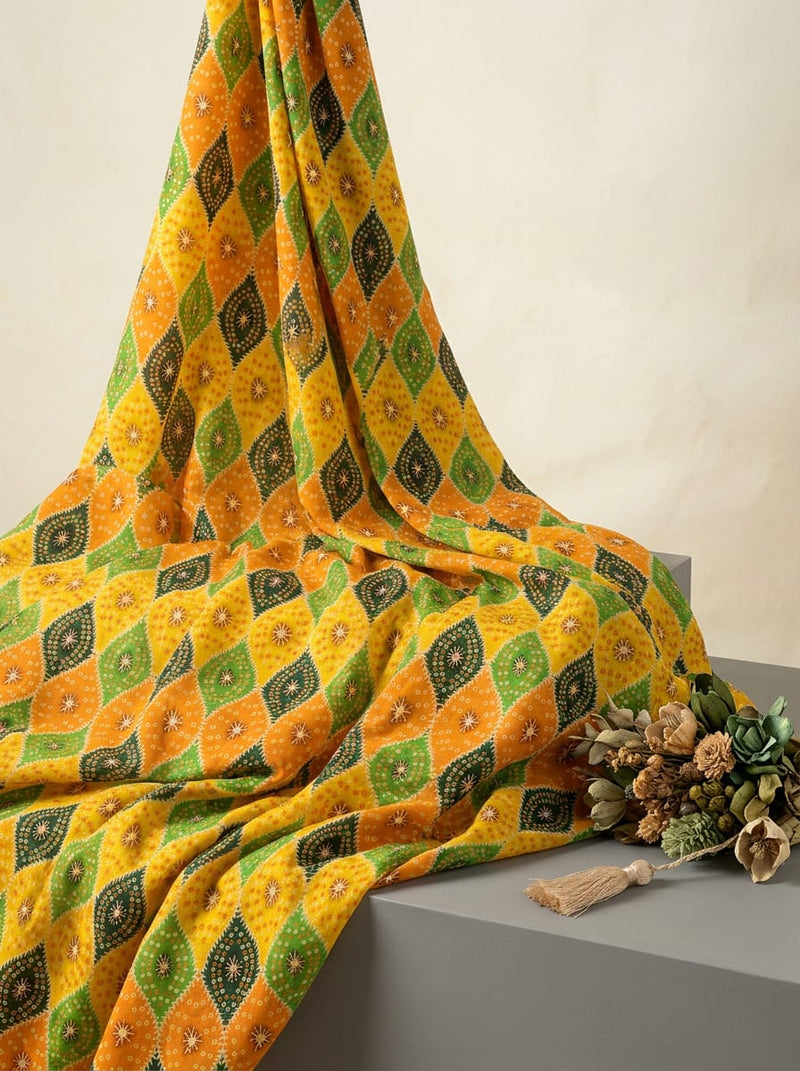 Multicolor Ethnic Diamond Geometric Pattern Muslin Digital Printed Fabric