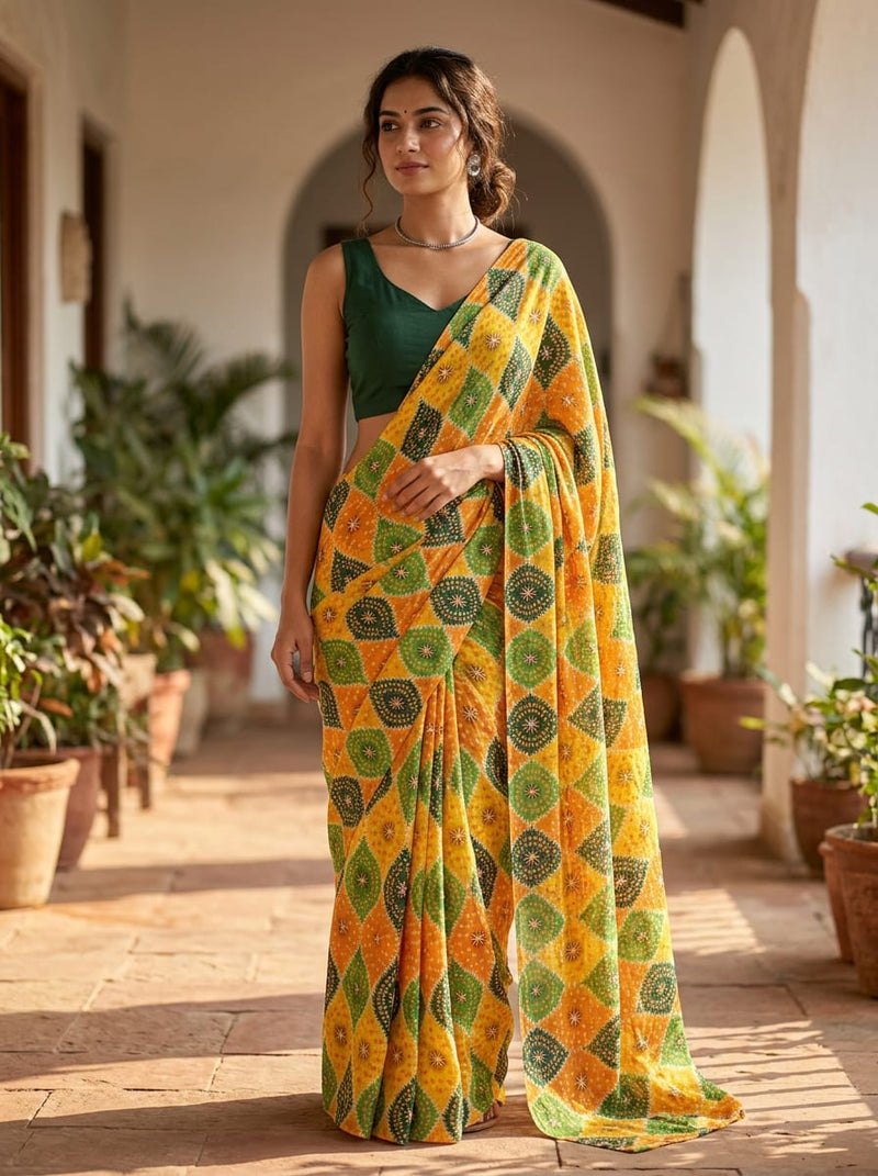 Multicolor Ethnic Bandhani Geometric Pattern Rayon Digital Printed Fabric