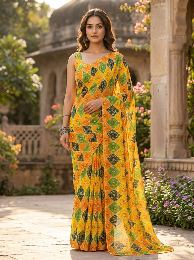 Multicolor Ethnic Diamond Pattern Pure Georgette Digital Printed Fabric