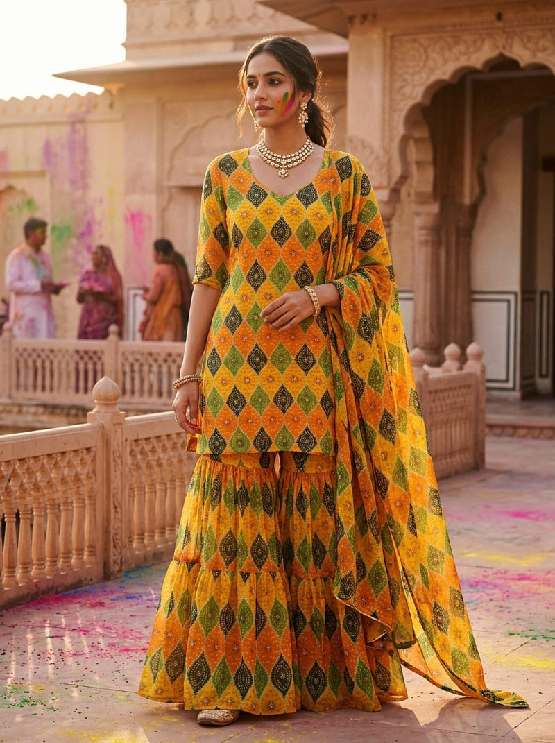 Multicolor Ethnic Diamond Pattern Pure Georgette Digital Printed Fabric