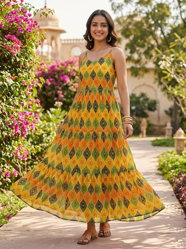 Multicolor Ethnic Diamond Pattern Pure Georgette Digital Printed Fabric - Flowy Maxi Dress Lookbook - PG-0-TA08261P3-110 - alternate view
