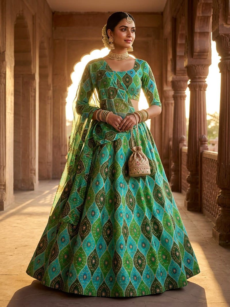 Green Ethnic Bandhani Geometric Kora Silk Digital Printed Fabric