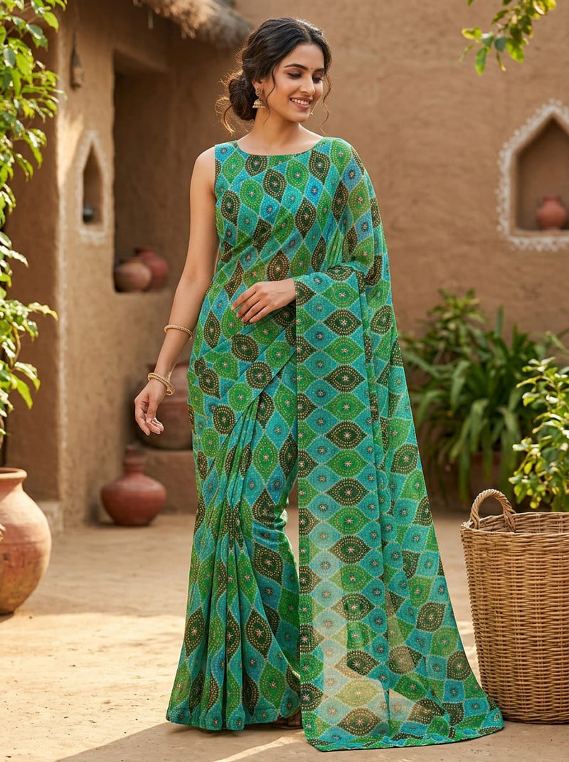 Multicolor Ethnic Geometric Diamond Print Weightless Digital Printed Fabric