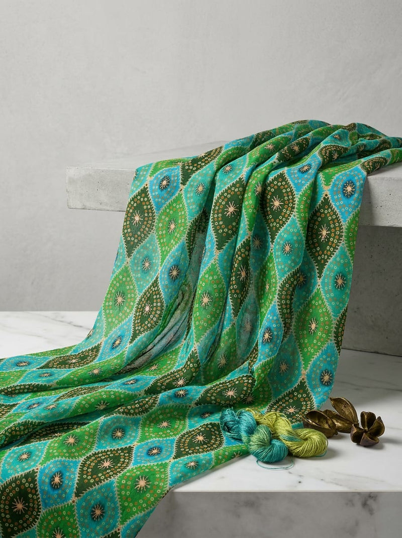Multicolor Ethnic Bandhani Geometric Pure Muslin Digital Printed Fabric