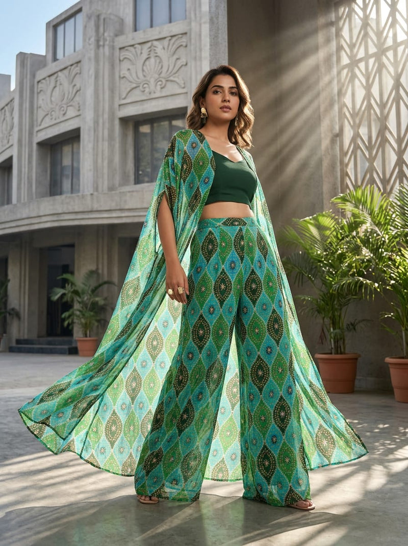 Green Ethnic Geometric Damask Pattern Pure Georgette Digital Printed Fabric