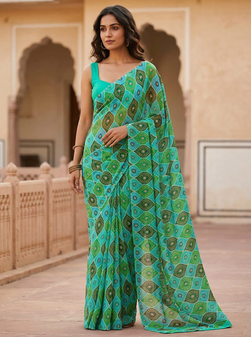 Green Ethnic Geometric Damask Pattern Pure Georgette Digital Printed Fabric