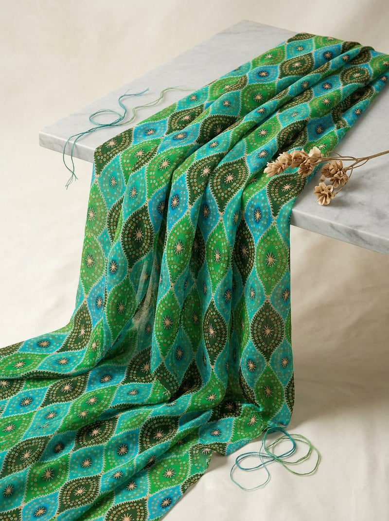 Green Ethnic Geometric Damask Pattern Pure Georgette Digital Printed Fabric