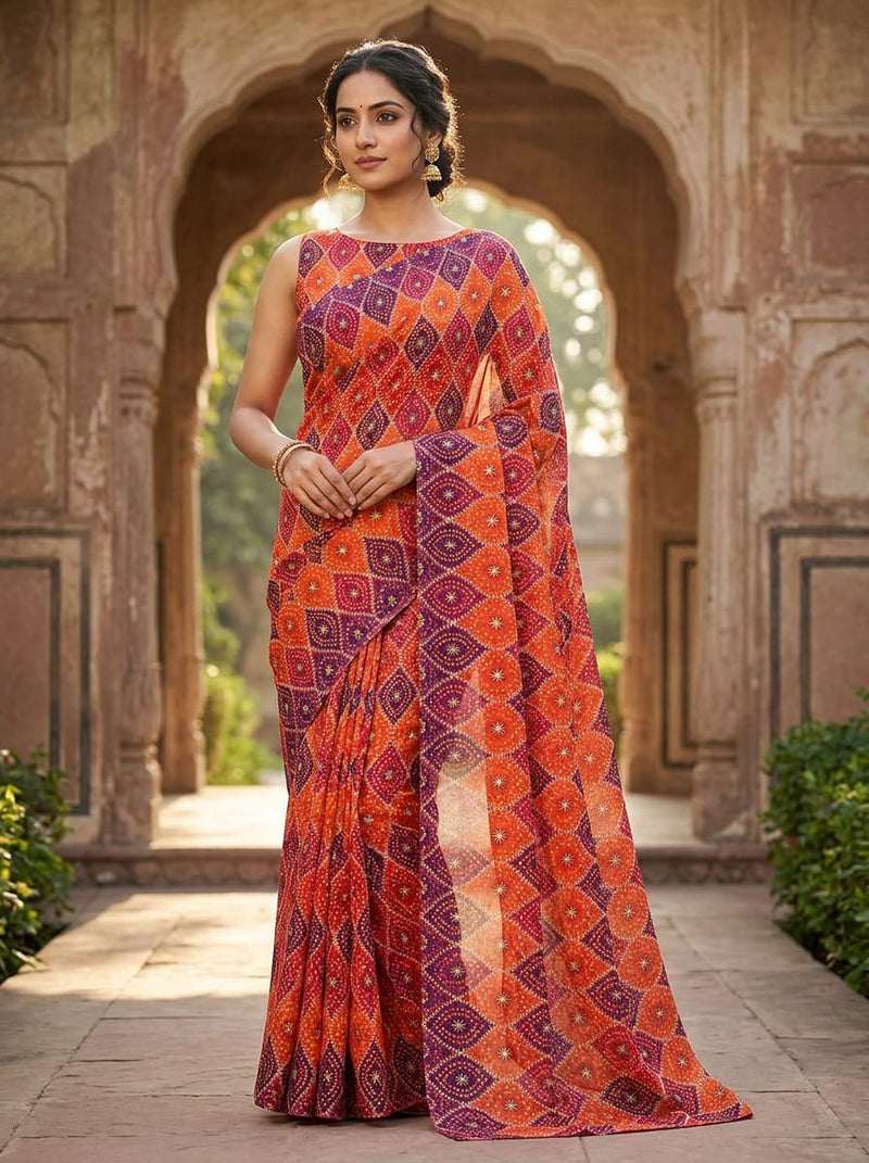 Multicolor Ethnic Bandhani Geometric Kora Silk Digital Printed Fabric