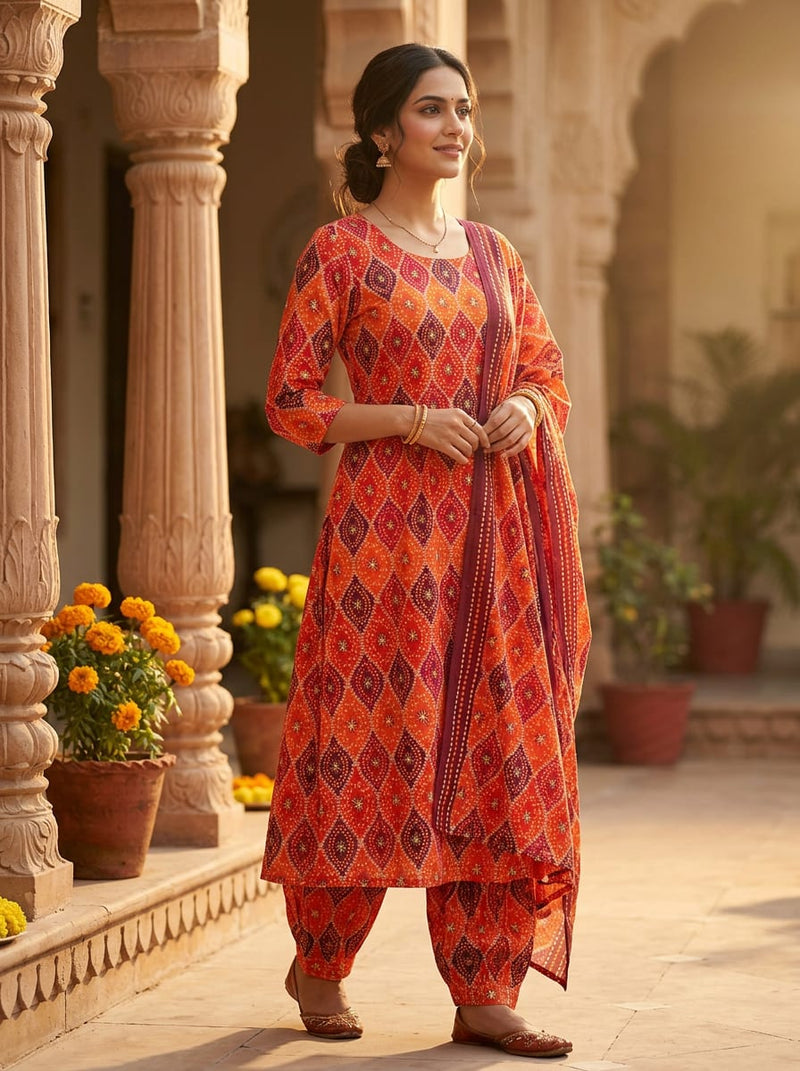 Multicolor Ethnic Bandhani Geometric Muslin Digital Printed Fabric