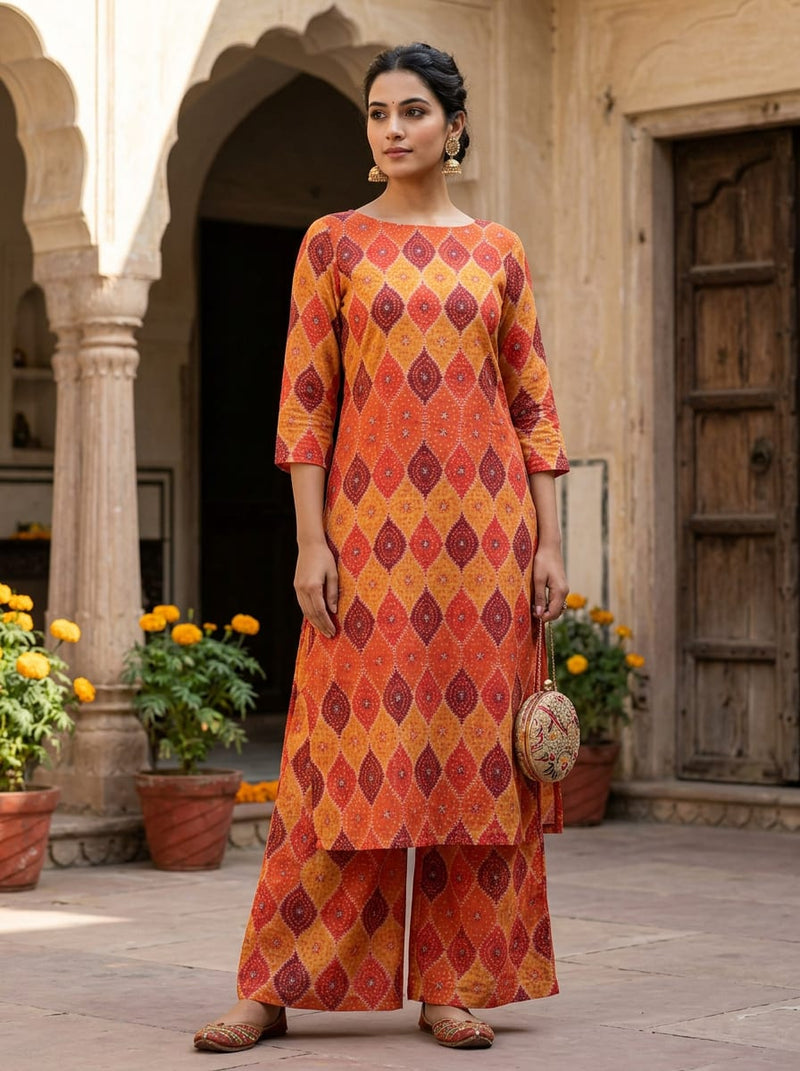 Orange Ethnic Bandhani Style Geometric Pattern Pure Muslin Digital Printed Fabric