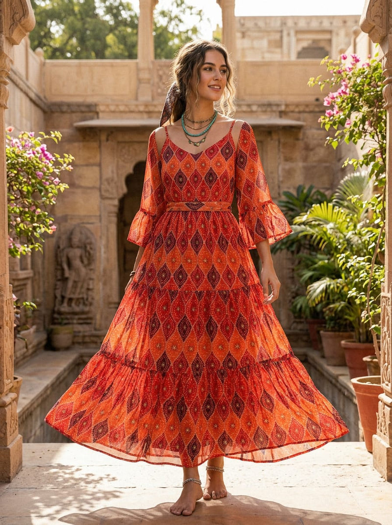 Multicolor Ethnic Bandhani Style Geometric Pure Georgette Digital Printed Fabric