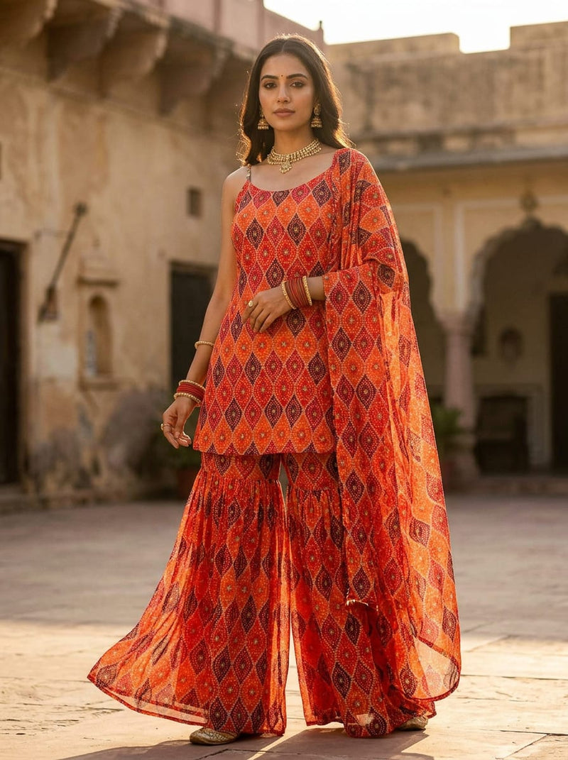 Multicolor Ethnic Bandhani Style Geometric Pure Georgette Digital Printed Fabric