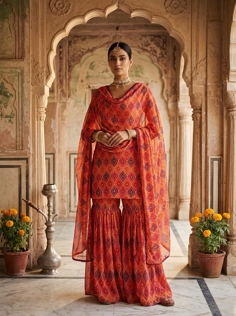 Multicolor Ethnic Bandhani Style Geometric Pure Georgette Digital Printed Fabric