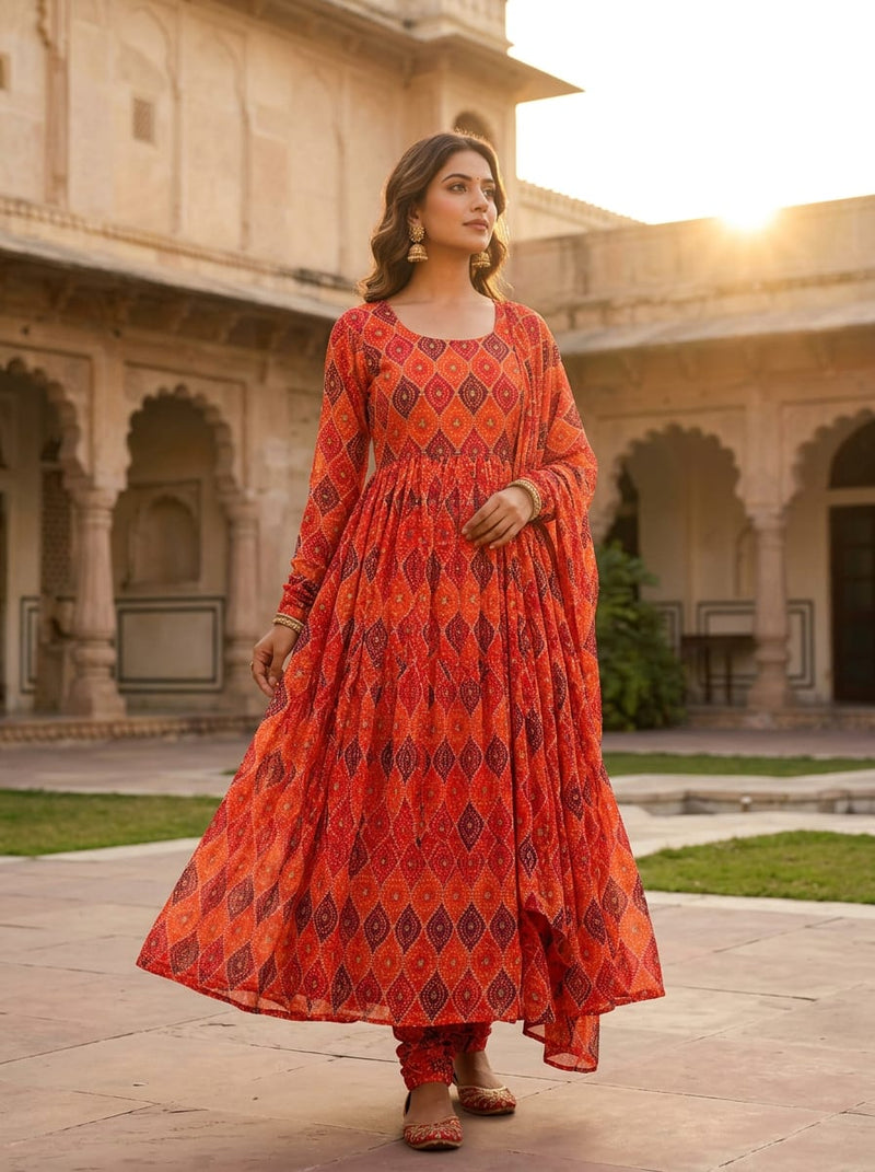 Multicolor Ethnic Bandhani Style Geometric Pure Georgette Digital Printed Fabric