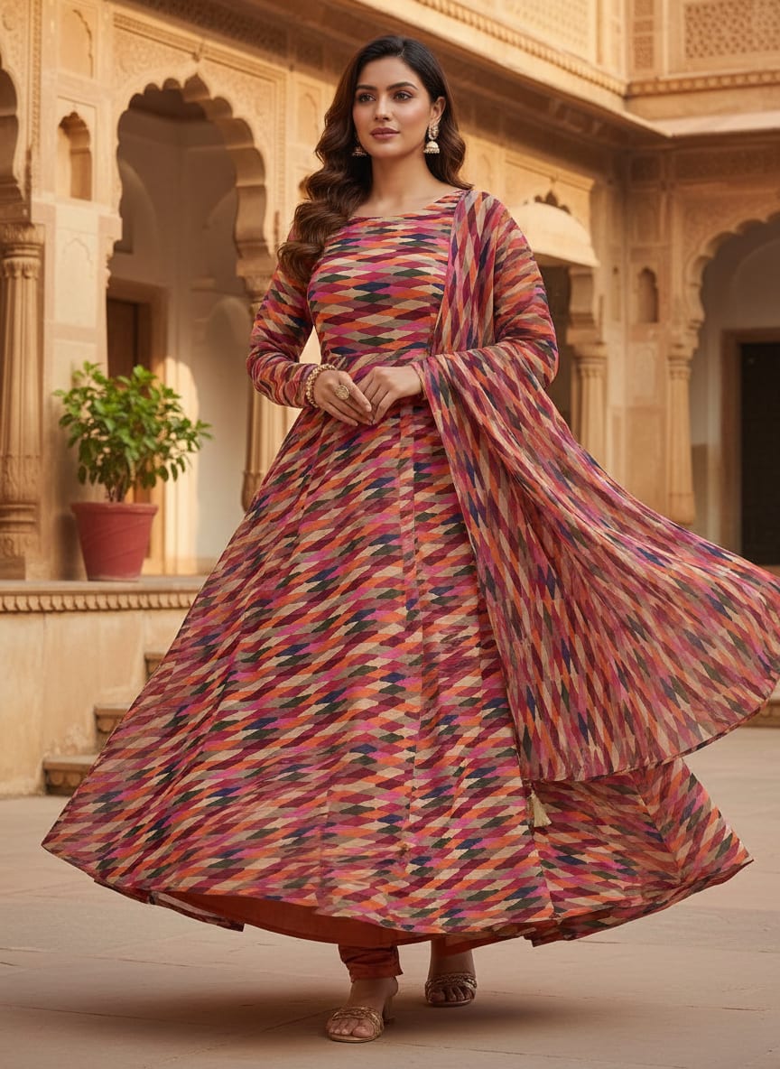 Multicolour Scales Repeat Digital Printed Fabric - Pure Georgette