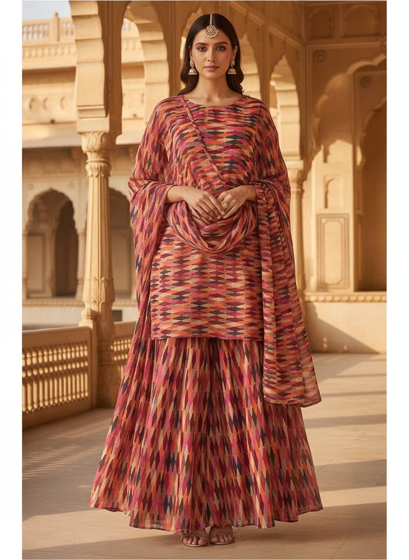 Multicolor Wavy Diamond Geometric Pure Georgette Digital Printed Fabric