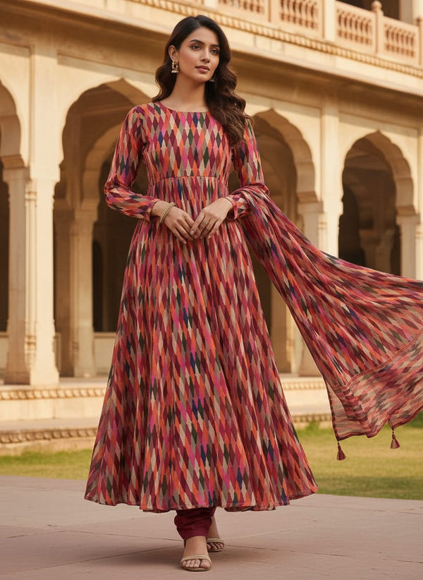 Multicolor Colorful Wavy Geometric Pure Chinon Digital Printed Fabric - Anarkali Kurta Set Lookbook - PC-0-TA08262P-106 - alternate view