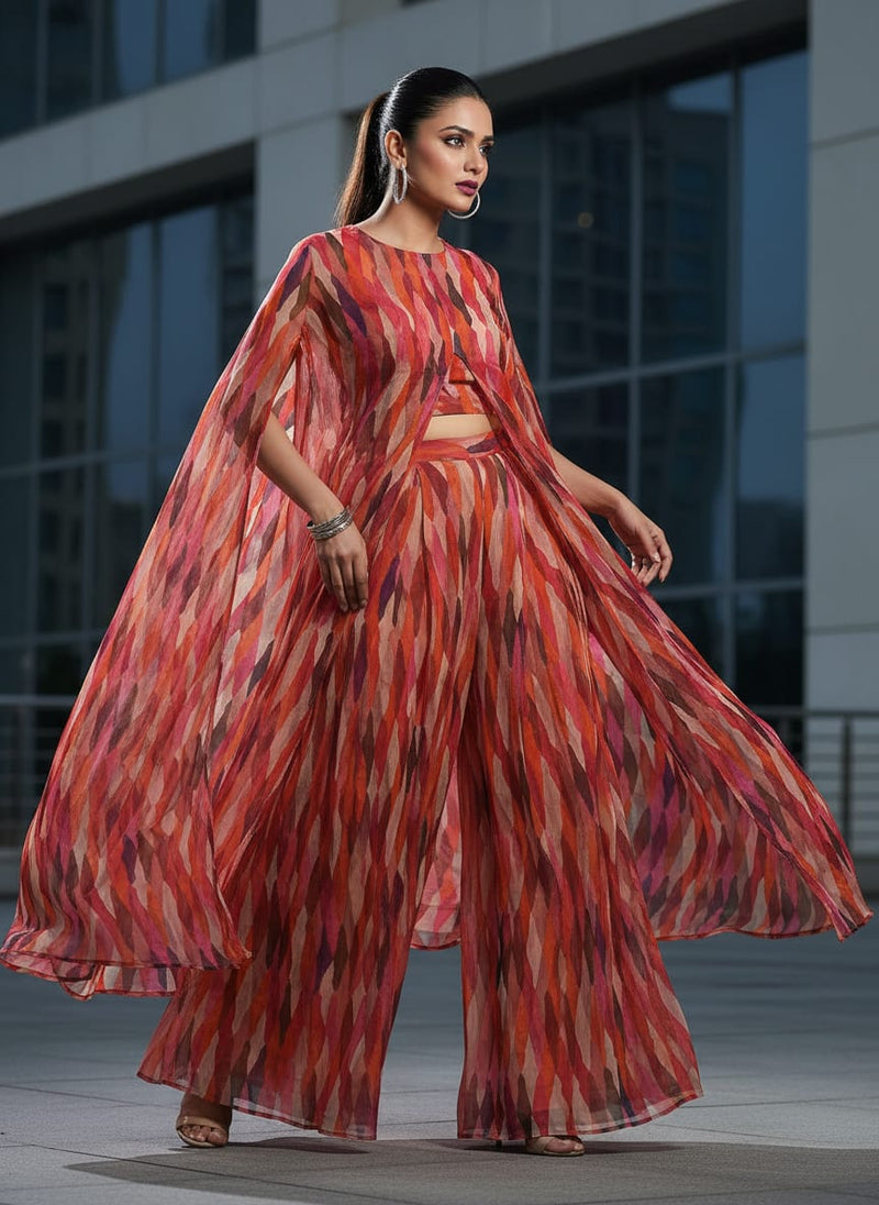 Multicolor Abstract Wavy Stripe Pure Chiffon Digital Printed Fabric
