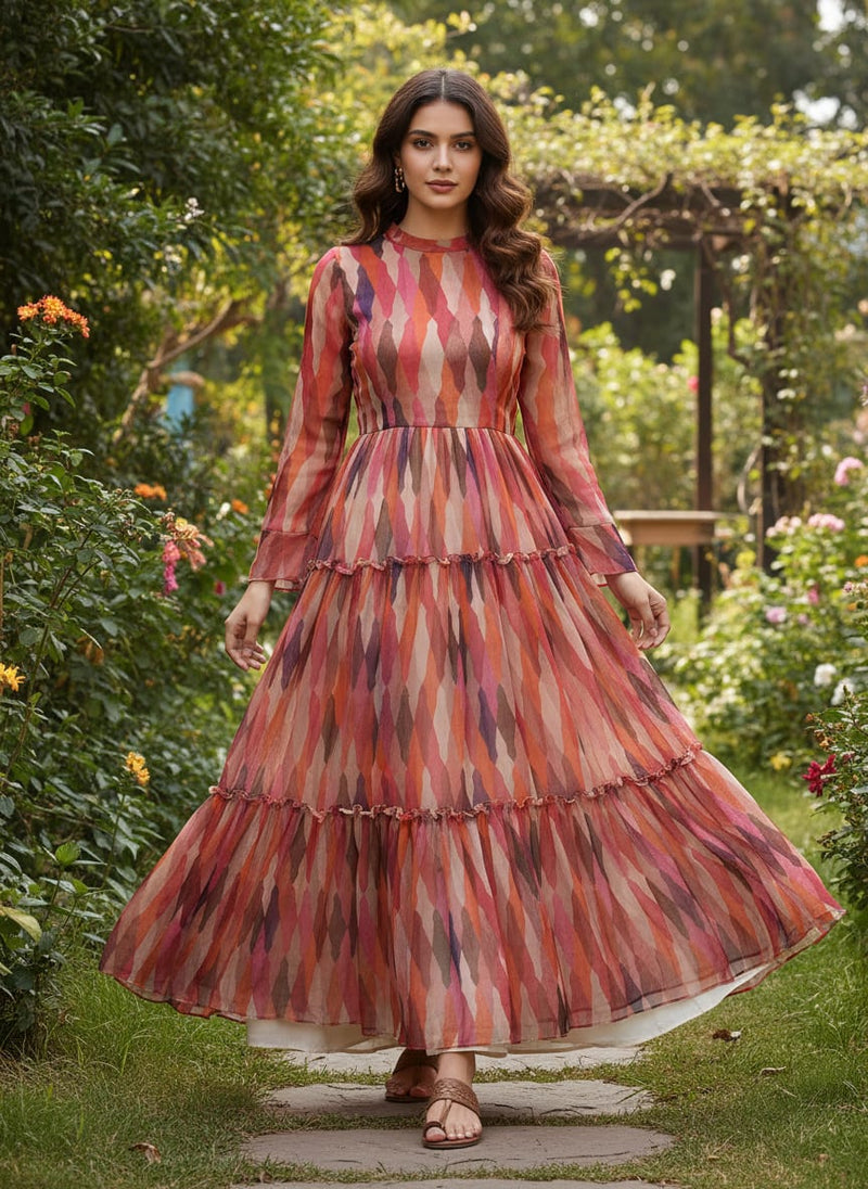 Multicolor Abstract Wavy Stripe Pure Chiffon Digital Printed Fabric