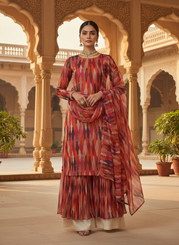 Multicolour Scales Repeat Digital Printed Fabric - Pure Chiffon - Gharara Set Lookbook - PCH-0-TA08262P-96 - alternate view
