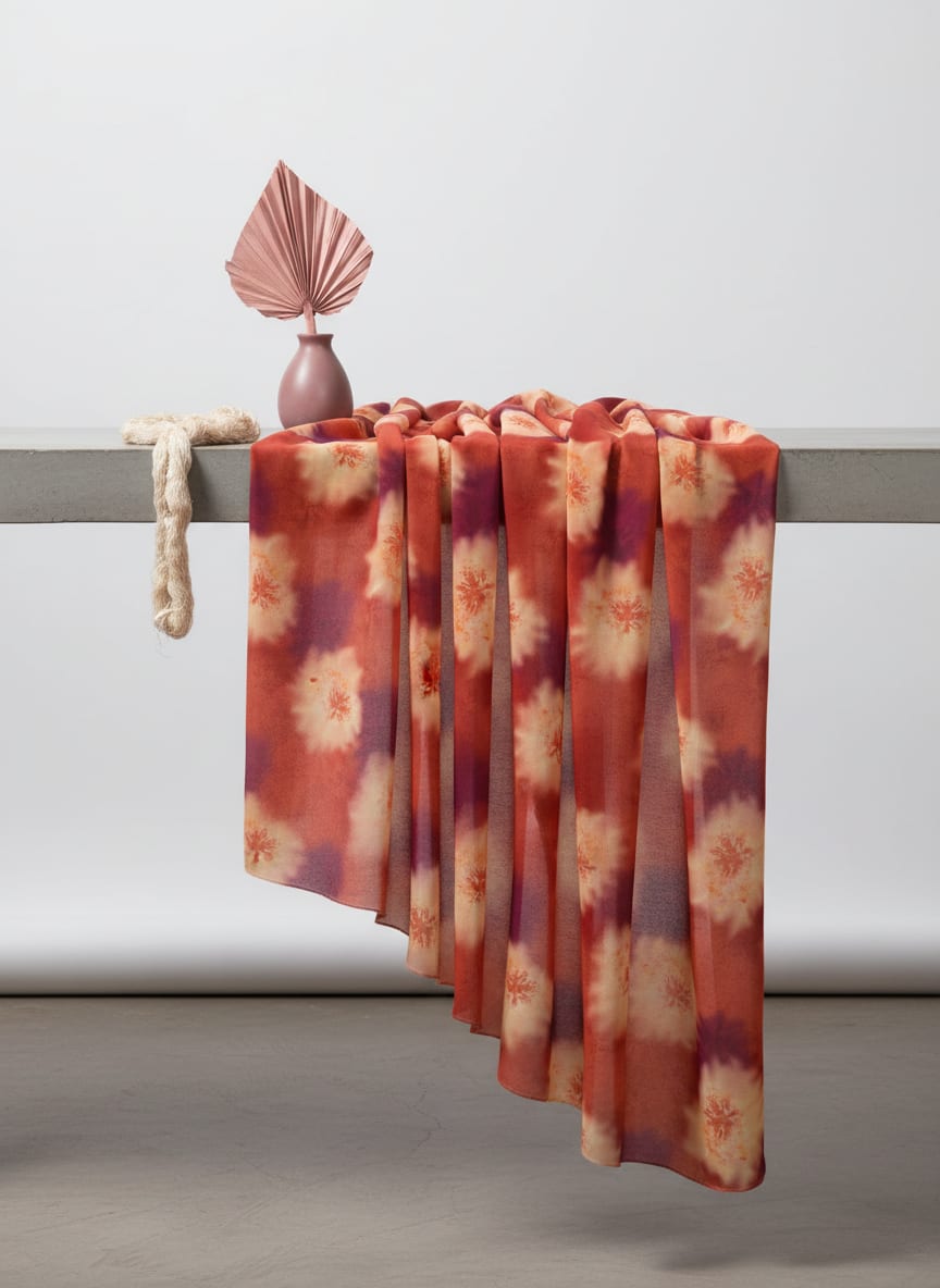 Red Abstract Tie-Dye Floral Burst Weightless Digital Printed Fabric