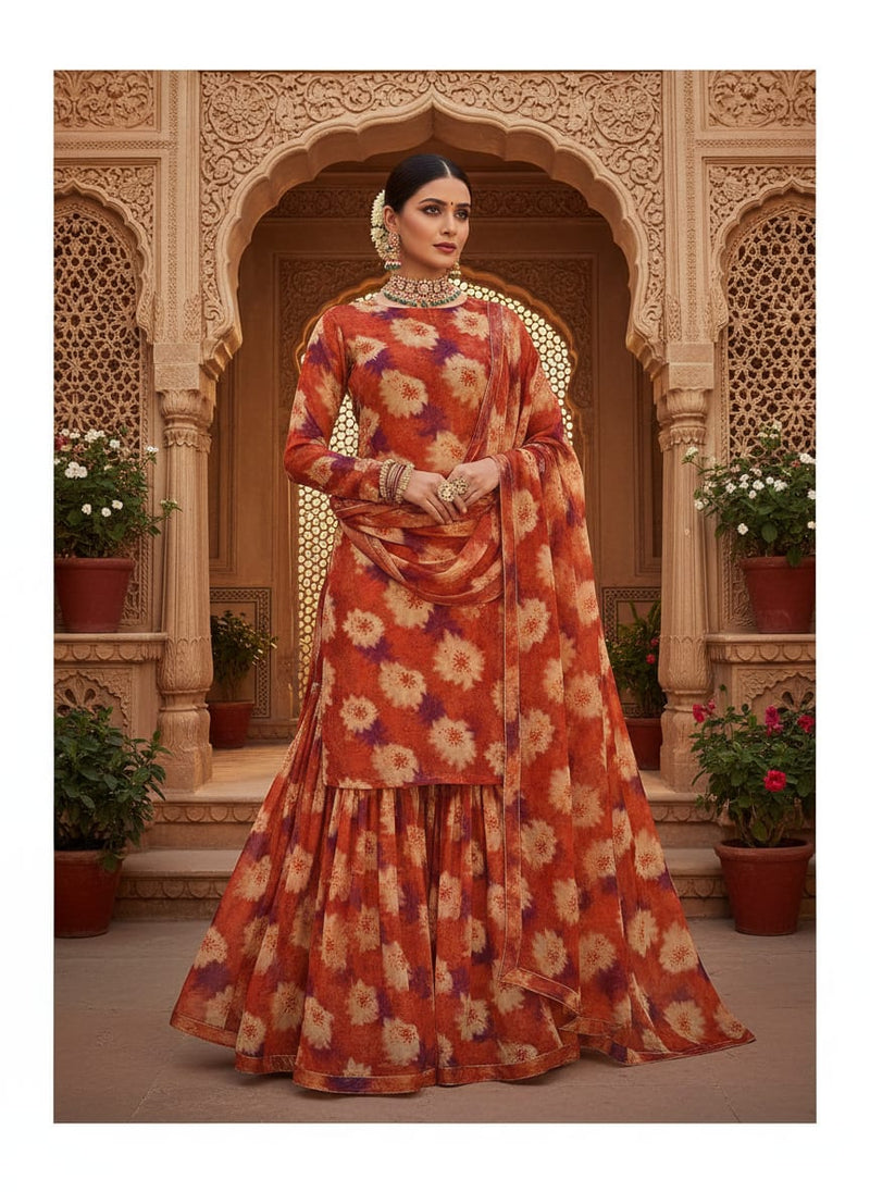 Spotted Orange And Purple Flower Digital Printed Fabric - Pure Georgette