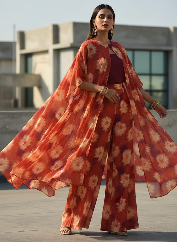 Red Abstract Tie-Dye Floral Pure Chinon Digital Printed Fabric - Cape with Palazzo Lookbook - PC-0-TA08263P1-106 - alternate view