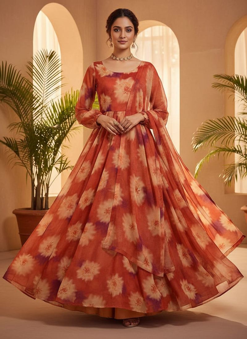 Spotted Orange And Purple Flower Digital Printed Fabric - Pure Chiffon