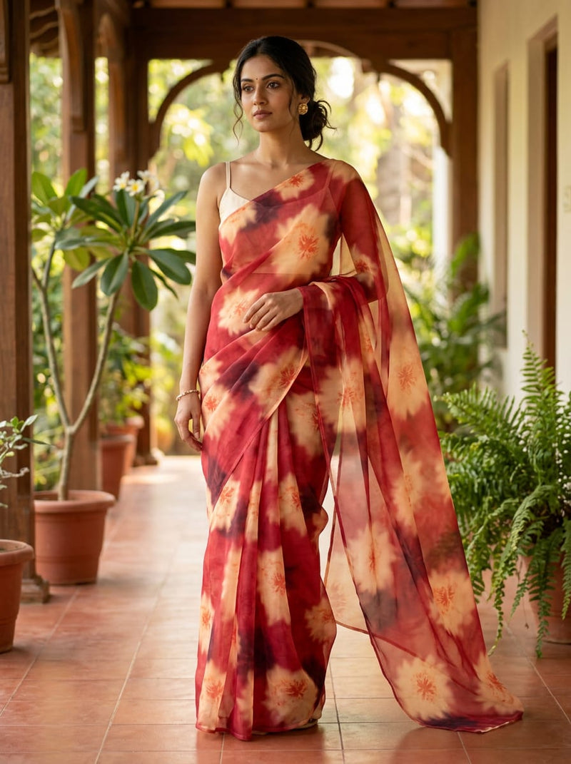 Red Abstract Tie-Dye Floral Organza Digital Printed Fabric
