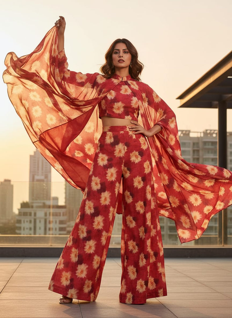 Spotted Red And Blackish Flower Digital Printed Fabric - Pure Georgette