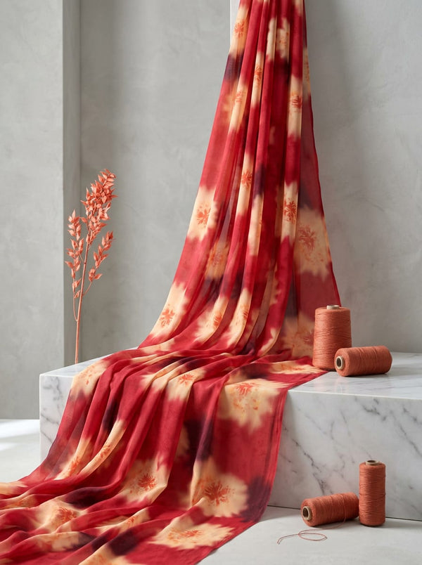 Red Abstract Tie-Dye Floral Pure Chinon Digital Printed Fabric - Fabric Editorial Studio Flatlay Lookbook - PC-0-TA08263P3-106