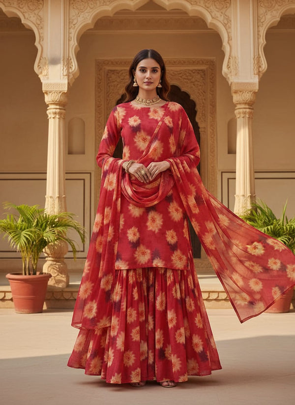 Spotted Red And Blackish Flower Digital Printed Fabric - Pure Chinon - Sharara Set Lookbook - PC-0-TA08263P3-106 - alternate view