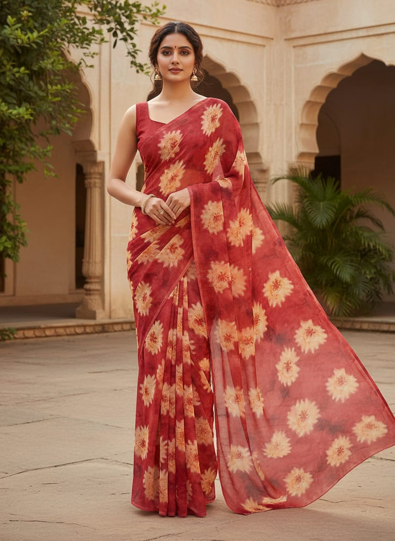 Spotted Red And Blackish Flower Digital Printed Fabric - Pure Chiffon