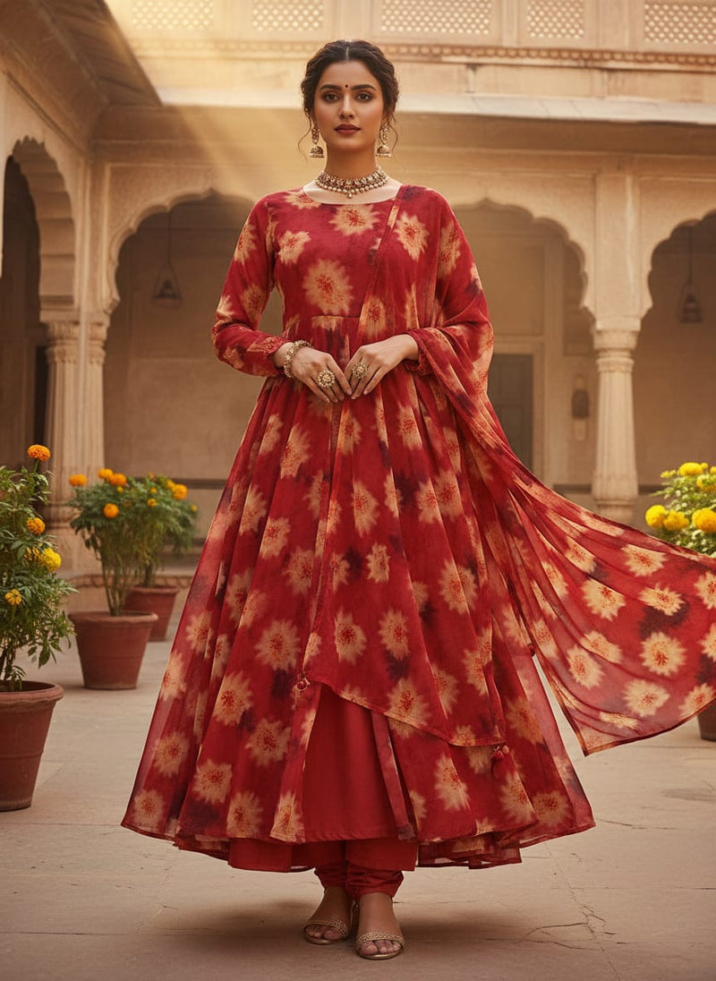 Spotted Red And Blackish Flower Digital Printed Fabric - Pure Chiffon