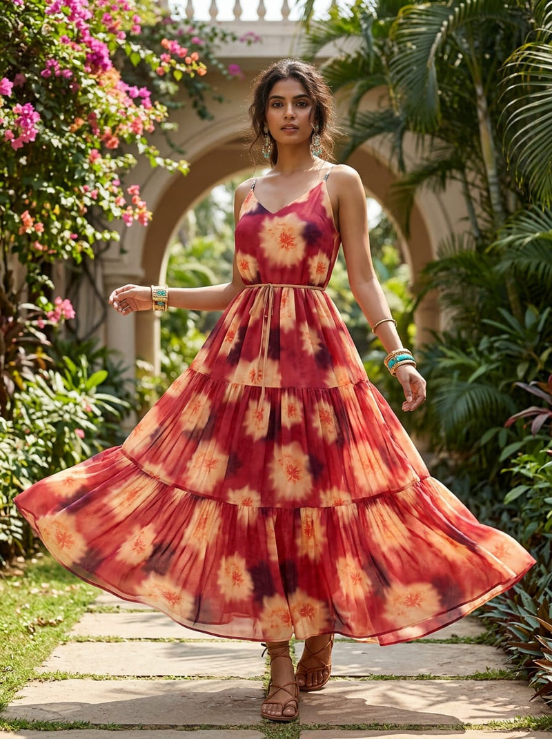 Red Abstract Tie-Dye Floral Burst Pure Chiffon Digital Printed Fabric