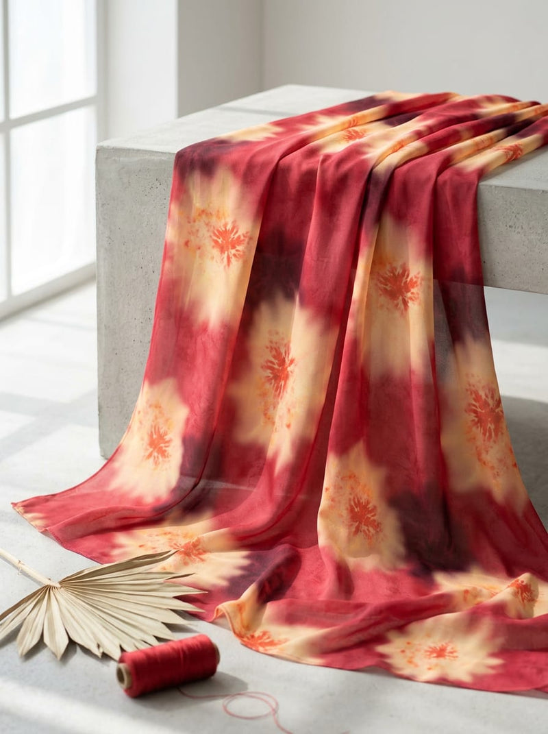 Red Abstract Tie-Dye Floral Burst Pure Chiffon Digital Printed Fabric