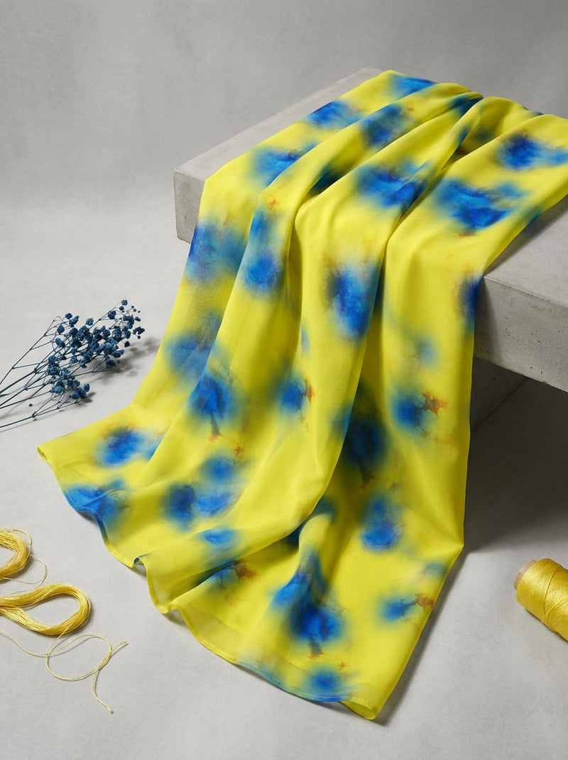 Yellow Abstract Tie-Dye Splash Organza Digital Printed Fabric