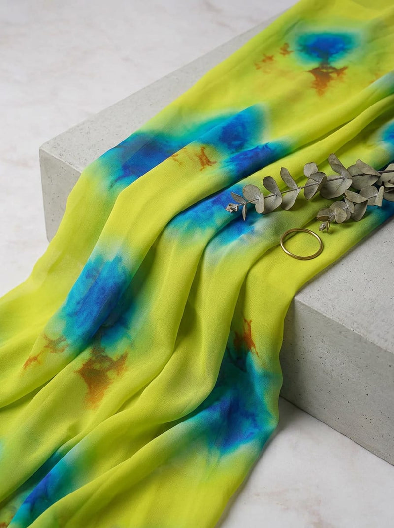 Yellow Abstract Tie-Dye Splash Pure Georgette Digital Printed Fabric