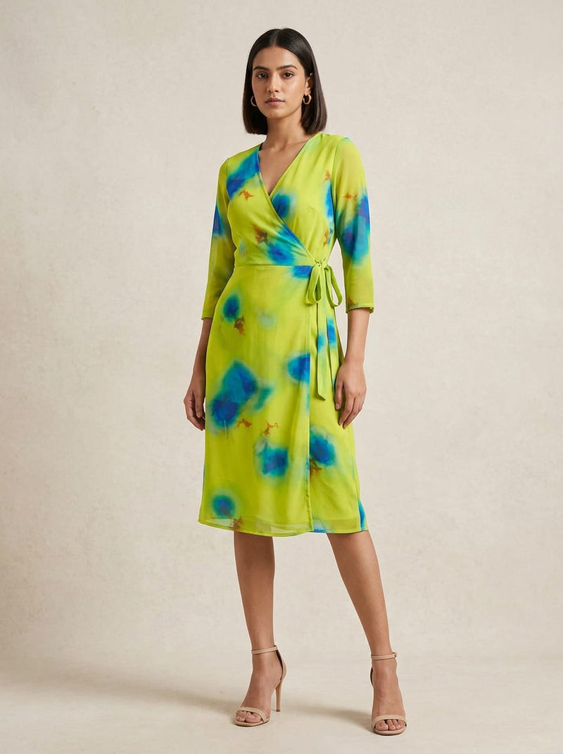 Yellow Abstract Tie-Dye Splash Pure Georgette Digital Printed Fabric
