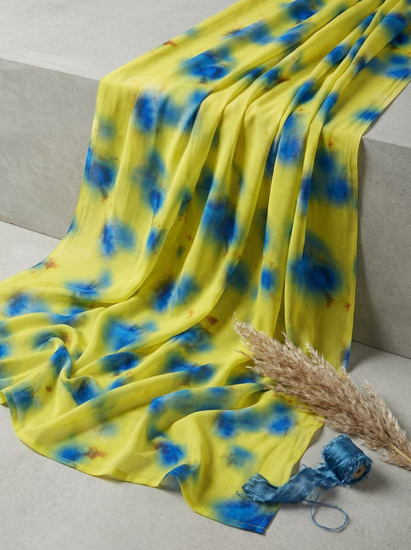Yellow and Blue Abstract Tie-Dye Pure Chinon Digital Printed Fabric - Fabric Editorial Studio Flatlay Lookbook - PC-0-TA08264P5-106
