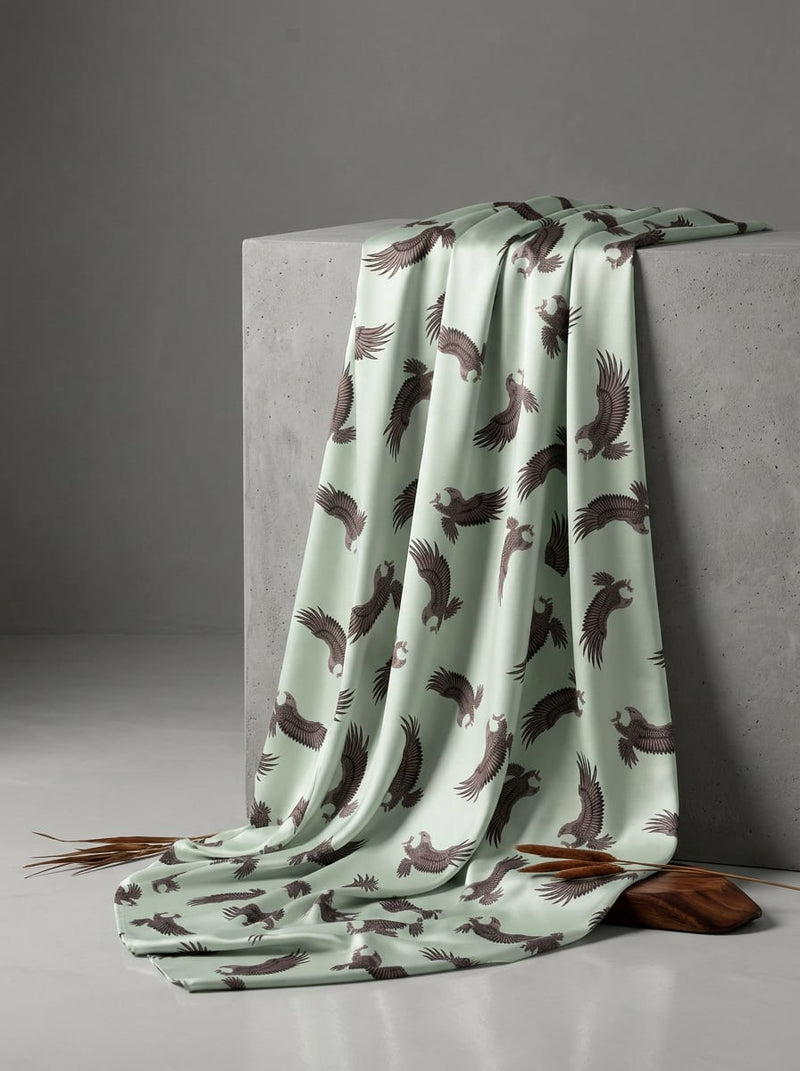 Green Flying Eagle Animal Print Japan Satin Digital Printed Fabric