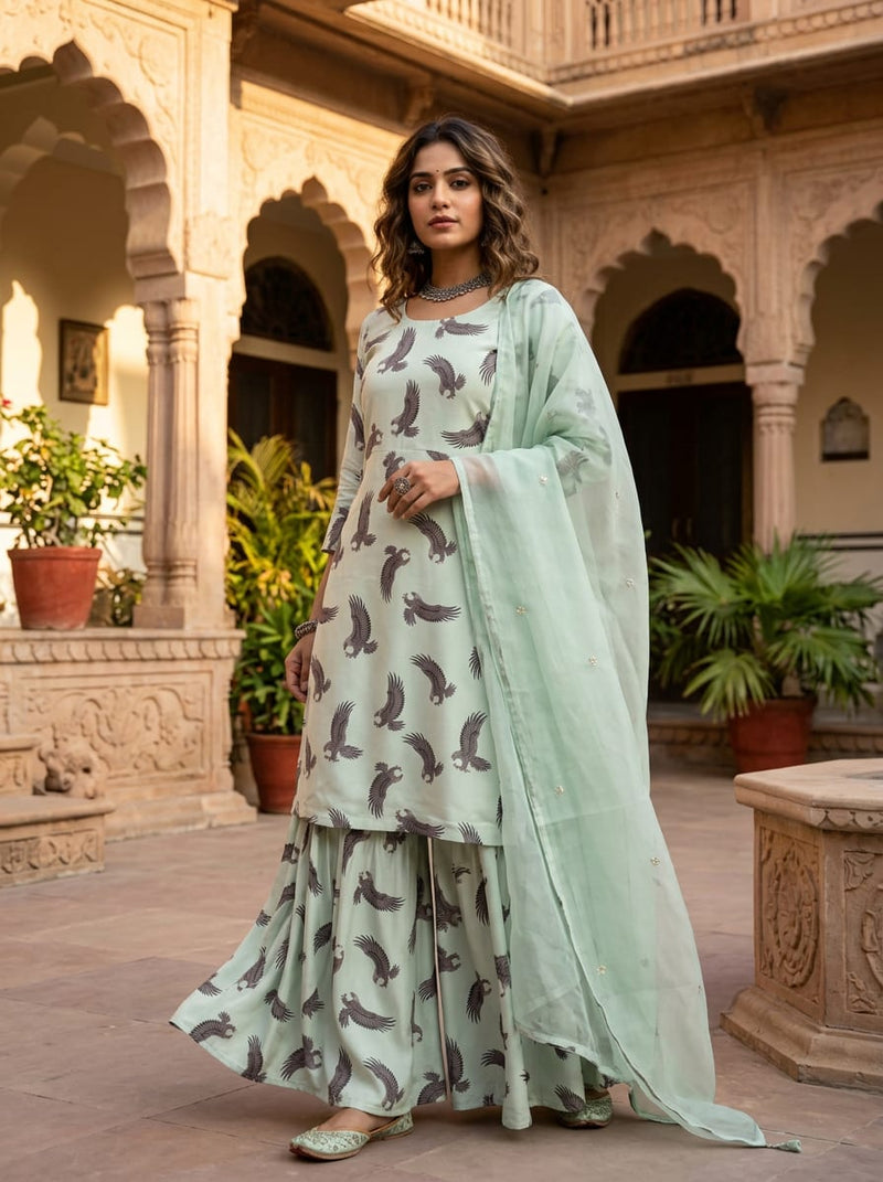 Green Flying Eagle Animal Print Upada Silk Digital Printed Fabric