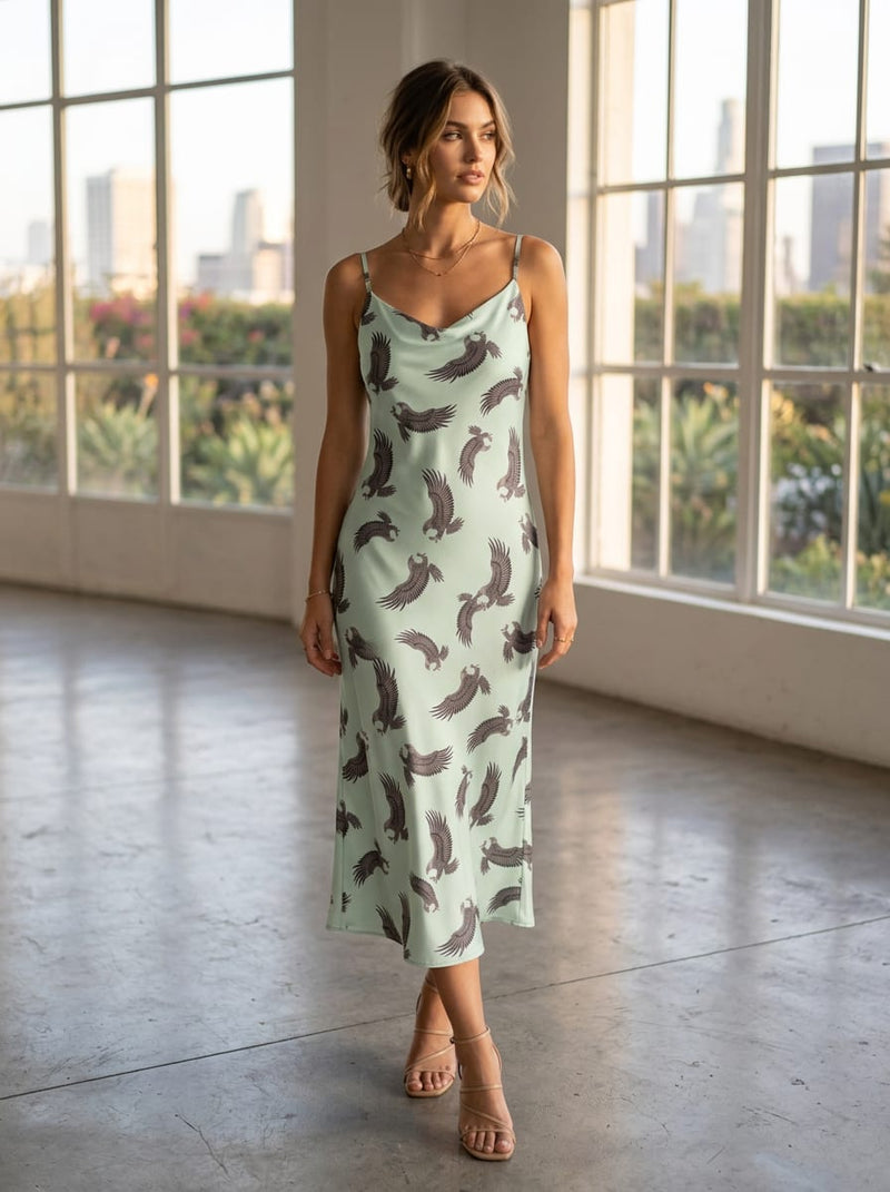 Green Flying Eagle Animal Print Upada Silk Digital Printed Fabric