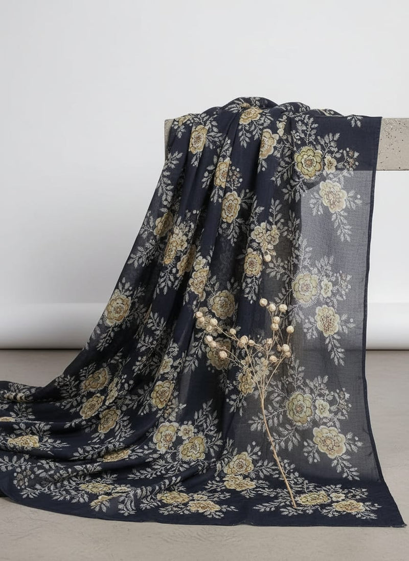 Embroidery Flower And Buds Digital Printed Fabric - Kora Silk