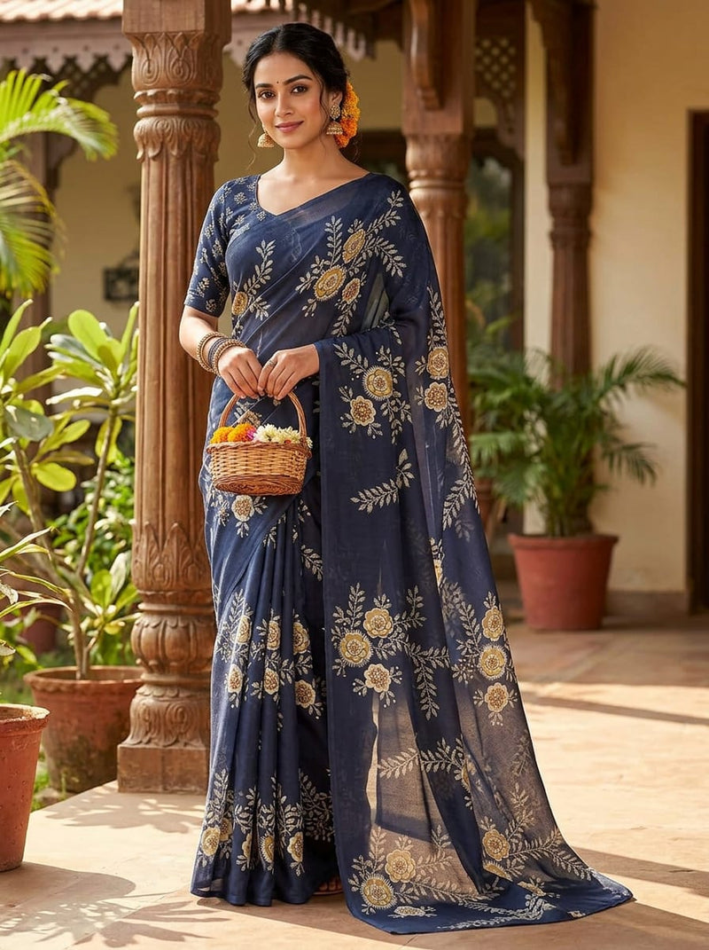 Navy Ethnic Floral Vine Print Kora Silk Digital Printed Fabric