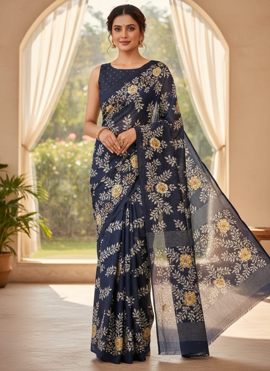 Embroidery Flower And Buds Digital Printed Fabric - Silk Crepe