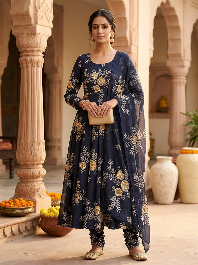 Navy Golden Floral and Botanical Vine Silk Crepe Digital Printed Fabric