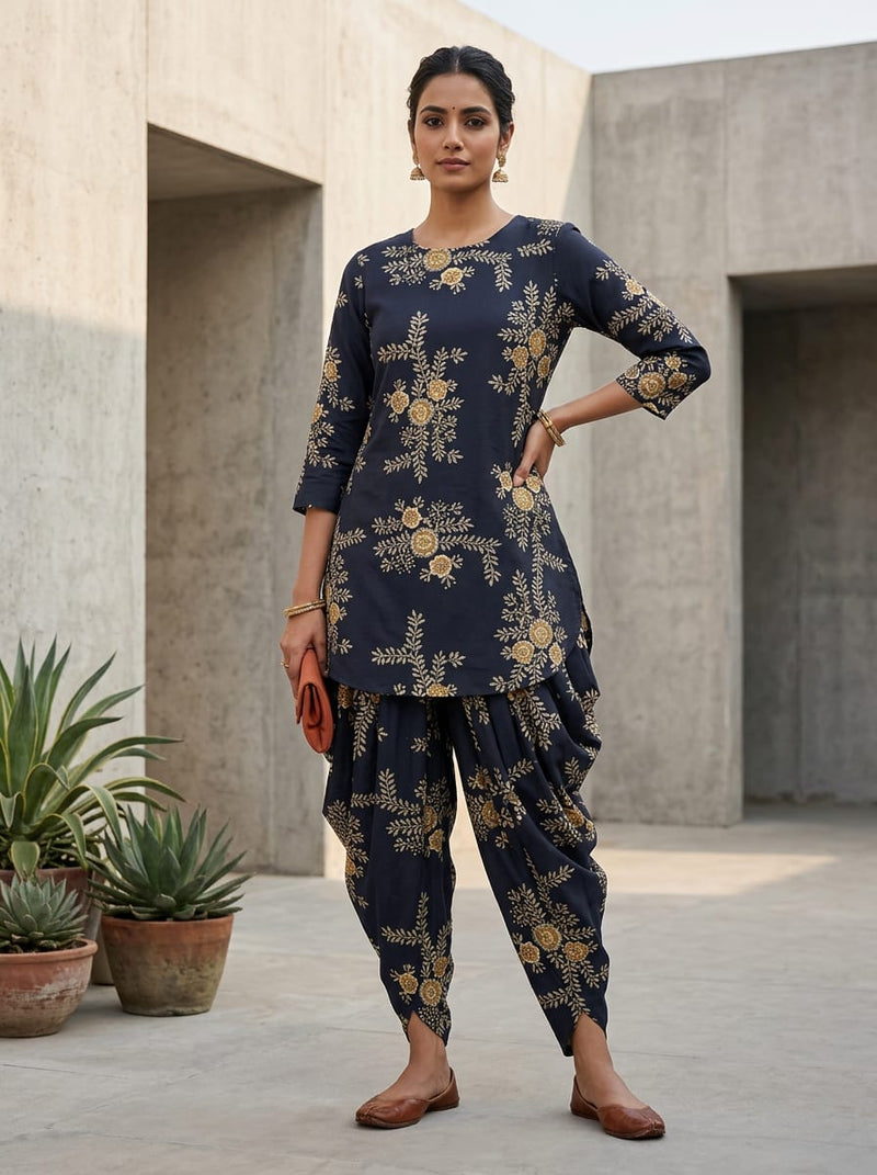 Navy Ethnic Floral Vine Embroidery Print Pure Cotton Digital Printed Fabric