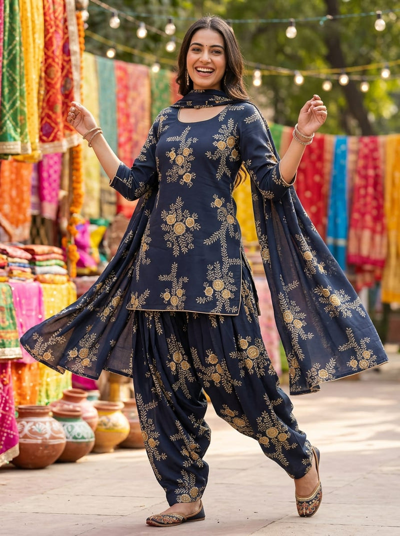 Navy Ethnic Floral Vine Embroidery Print Pure Cotton Digital Printed Fabric